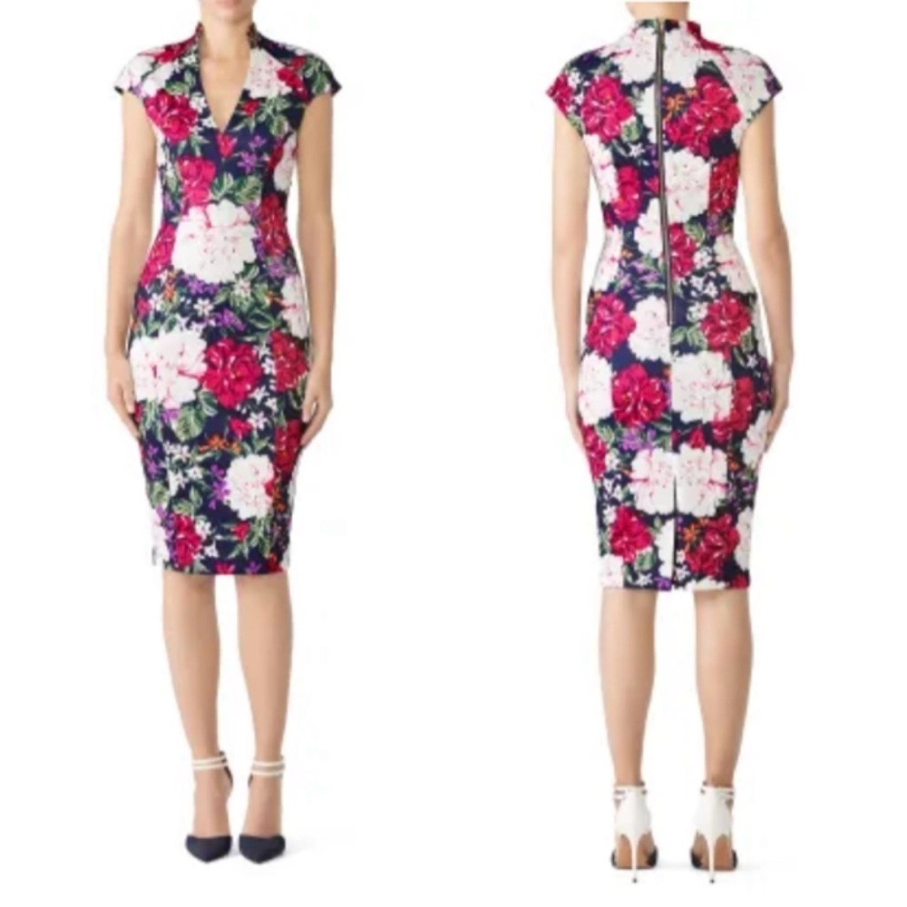 Alexia Admor Bodycon Dress Multicolor Floral Bouquet Stretch Crew Neck Zip M New